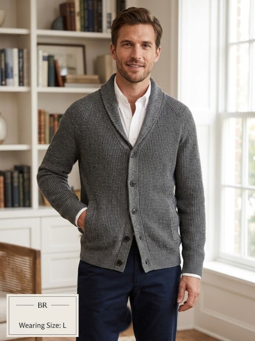 Banana Republic Chunky Waffle Knit Shawl Collar Cardigan Sweater Grey Men L